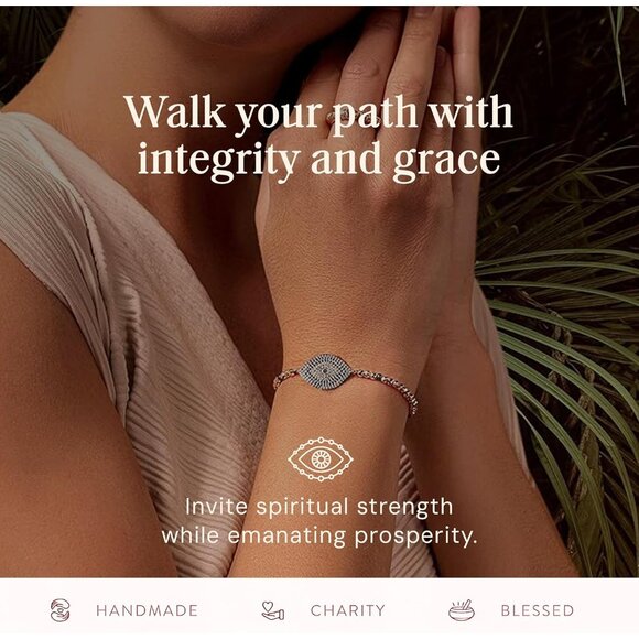 Women's Hematite Stone Beaded Bracelet with Evil Eye Charm Adjustable 5.5-7.5 in - Picture 5 of 7